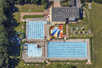 Aerial view, outdoor pool south, mountains, Hamm, Ruhr area, North Rhine-Westphalia, Germany, DE,