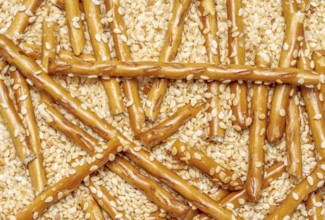 Full frame closeup of some baked sesame sticks in sesame back
