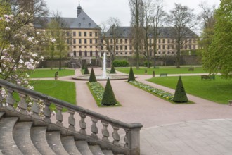 Park around a historic building named Stadtschloss in Fulda, a city in Hesse, Germany