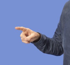 Pointing male hand in blue back