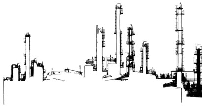 Black and white halftone Oil refinery illustration