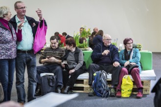 DEU Germany Germany Berlin Visitors take a break on euro-pallet furniture at the Green Week