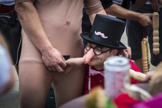 DEU Germany Germany Berlin The grooms of two bachelor parties exchange rituals during their meeting