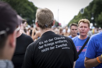 DEU Germany Germany Berlin Man with T-shirt advertising atheists at the CSD