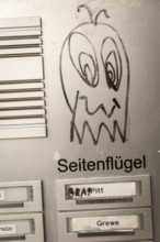 DEU Germany Germany Berlin A face on a doorbell sign in Neukölln