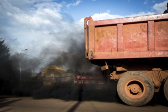 RWA RWANDA Rwanda Kayonza A lorry emits black exhaust fumes from its exhaust system