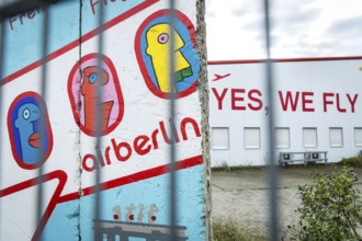 DEU Germany Germany Berlin A closed Air Berlin hangar with graffiti by Thierry Noir on pieces of