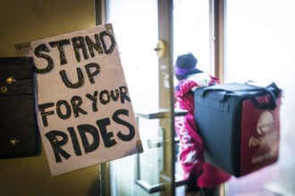 DEU Germany Germany Berlin Foodora bike couriers protest against poor working conditions and