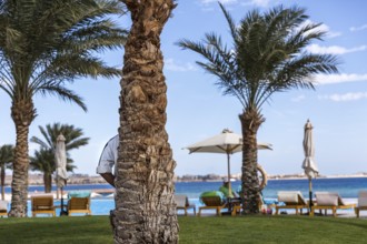 Egypt Hurghada A hotel employee watches the beach and bathers from a palm tree