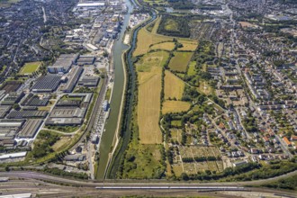 Aerial view, Lippe and Datteln-Hamm canal, Lippe floodplain west of the railway bridges, harbour