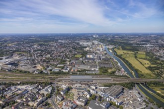 Aerial view, overview main station Hamm, industrial area, harbour, former Thyssen area, Hamm, Ruhr