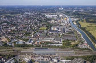 Aerial view, overview main station Hamm, industrial area, harbour, former Thyssen area, Hamm, Ruhr