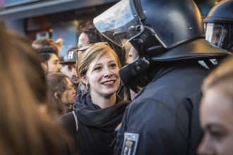 DEU Germany Germany Berlin 1st of May demonstration through Kreuzberg.conversation with the police