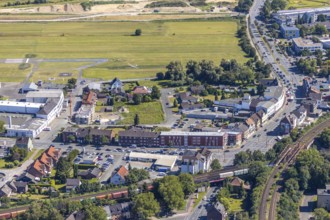 Aerial view, construction area Seeburger Straße, airfield EDLH, Münsterstraße, railway bridges,