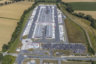 Aerial view, DPD depot in Hamm, truck stop Osterbönener Weg, logistics centre, Hamm, Ruhr area,