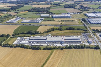 Aerial view, DPD depot in Hamm, truck stop Osterbönener Weg, logistics centre, Hamm, Ruhr area,