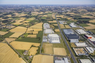 Aerial view, DPD depot in Hamm, truck stop Osterbönener Weg, logistics centre, Hamm, Ruhr area,