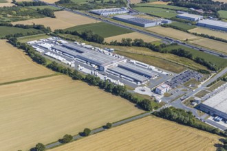 Aerial view, DPD depot in Hamm, truck stop Osterbönener Weg, logistics centre, Hamm, Ruhr area,
