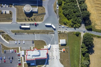 Aerial view, DPD depot in Hamm, truck stop Osterbönener Weg, logistics centre, Hamm, Ruhr area,