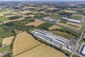 Aerial view, DPD depot in Hamm, truck stop Osterbönener Weg, logistics centre, Hamm, Ruhr area,