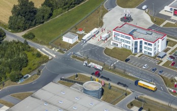Aerial view, DPD depot in Hamm, truck stop Osterbönener Weg, logistics centre, Hamm, Ruhr area,