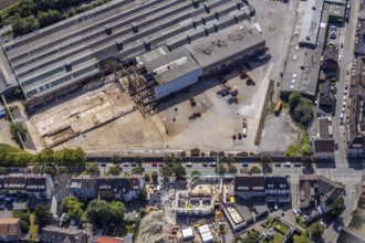 Aerial view, construction site on the WDI site between Bahndamm and Otto-Brenner-Straße, new