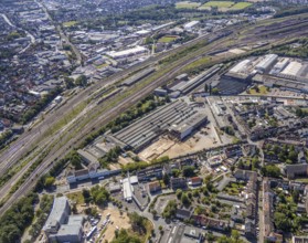 Aerial view, construction site on the WDI site between Bahndamm and Otto-Brenner-Straße, new