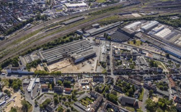 Aerial view, construction site on the WDI site between Bahndamm and Otto-Brenner-Straße, new