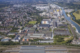 Aerial view, overview main station Hamm, industrial area, harbour, former Thyssen area, Hamm, Ruhr