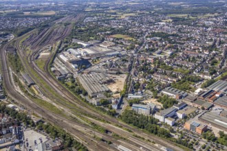 Aerial view, construction site on the WDI site between Bahndamm and Otto-Brenner-Straße, new