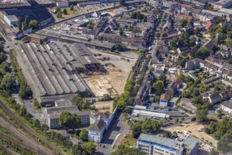 Aerial view, construction site on the WDI site between Bahndamm and Otto-Brenner-Straße, new