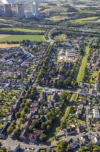 Aerial view, Old sports ground, In the Herringen district, Deutsche Reihenhaus AG, new residential