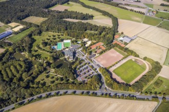 Aerial view, Selbachpark, sports field, outdoor swimming pool Selbachpark, Hamm, Ruhr area, North