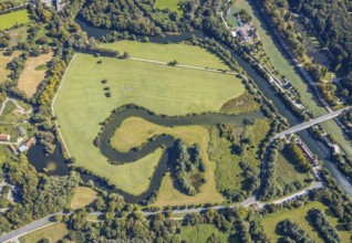 Aerial view, Mühlengraben, Mühlenteich, Ennigerbach, river Lippe, bridge Fährstraße, Wasser- und
