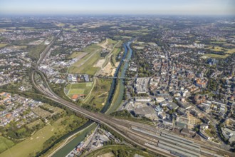 Aerial view, Hamm airfield, Mattenbecke sewage treatment plant, Lippe floodplain, Hamm lock, Lippe