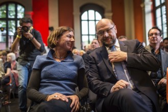 DEU Germany Germany Berlin SPD chancellor candidate Martin Schulz with writer Juli Zeh at an event