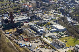Aerial view, industrial area, former coal mine, double trestle winding tower of the former Pluto