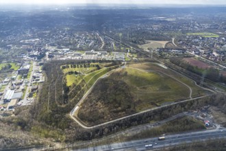 Aerial view, Pluto-Wilhelm mountain dump with Pluto observation tower, Herne, Ruhr area, North