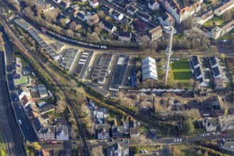 Aerial view, garage yard Mulvanystraße, transmission mast, construction site demolition site,