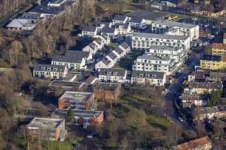 Aerial view, construction site, new housing estate Jürgens Hof, Am Fischergraben, Horsthausen,