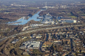 Aerial view, construction site, new housing estate Jürgens Hof, Am Fischergraben, view to the Herne