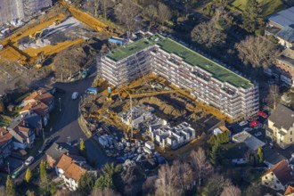 Aerial view, construction site of the new Widumer Höfe building, the future retirement home of the