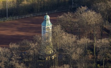Aerial view, water tower in Volkspark Sodingen, sports field Am Volkspark, Börnig, Herne, Ruhr