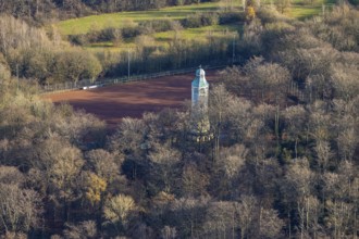 Aerial view, water tower in Volkspark Sodingen, sports field Am Volkspark, Börnig, Herne, Ruhr