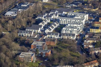 Aerial view, construction site of new housing estate Jürgens Hof, Am Fischergraben, Horsthausen,