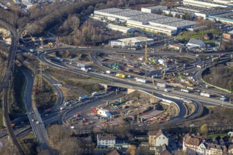 Aerial view, construction site due to A43 extension, motorway junction Herne, motorway A42,