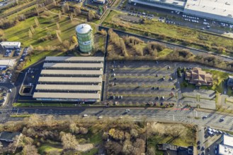 Aerial view, gasometer Herne, industrial area Lindenallee, Holsterhausen, Herne, Ruhr area, North