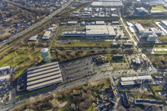 Aerial view, gasometer Herne, industrial area Lindenallee, Holsterhausen, Herne, Ruhr area, North