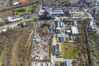 Aerial view, industrial area, former coal mine, double trestle winding tower of the former Pluto