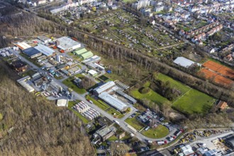 Aerial view, industrial area, former coal mine, double trestle winding tower of the former Pluto